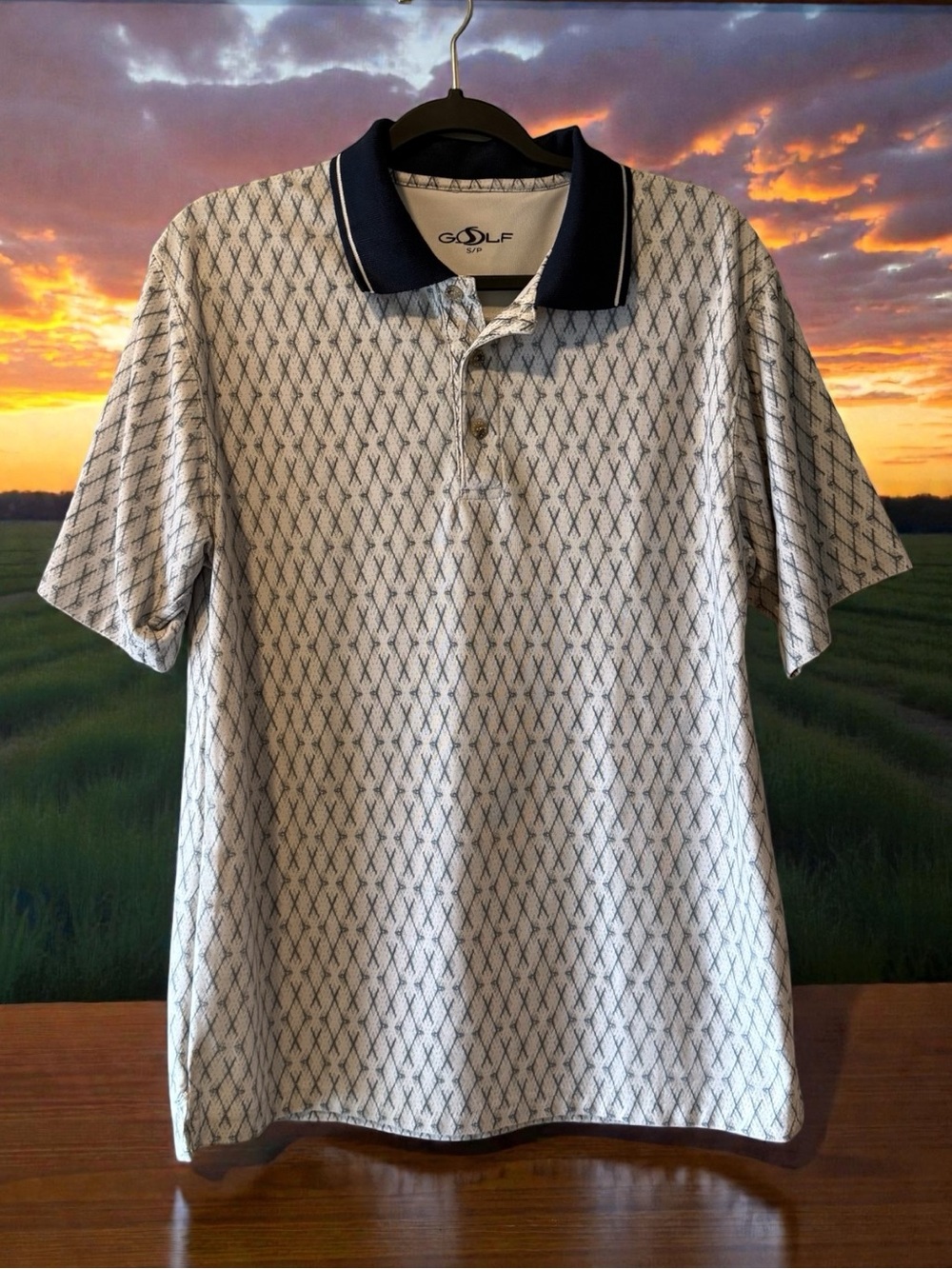 S Golf MENS Grey & Blue Short Sleeve Polo Shirt with Golf Club Lattice Print